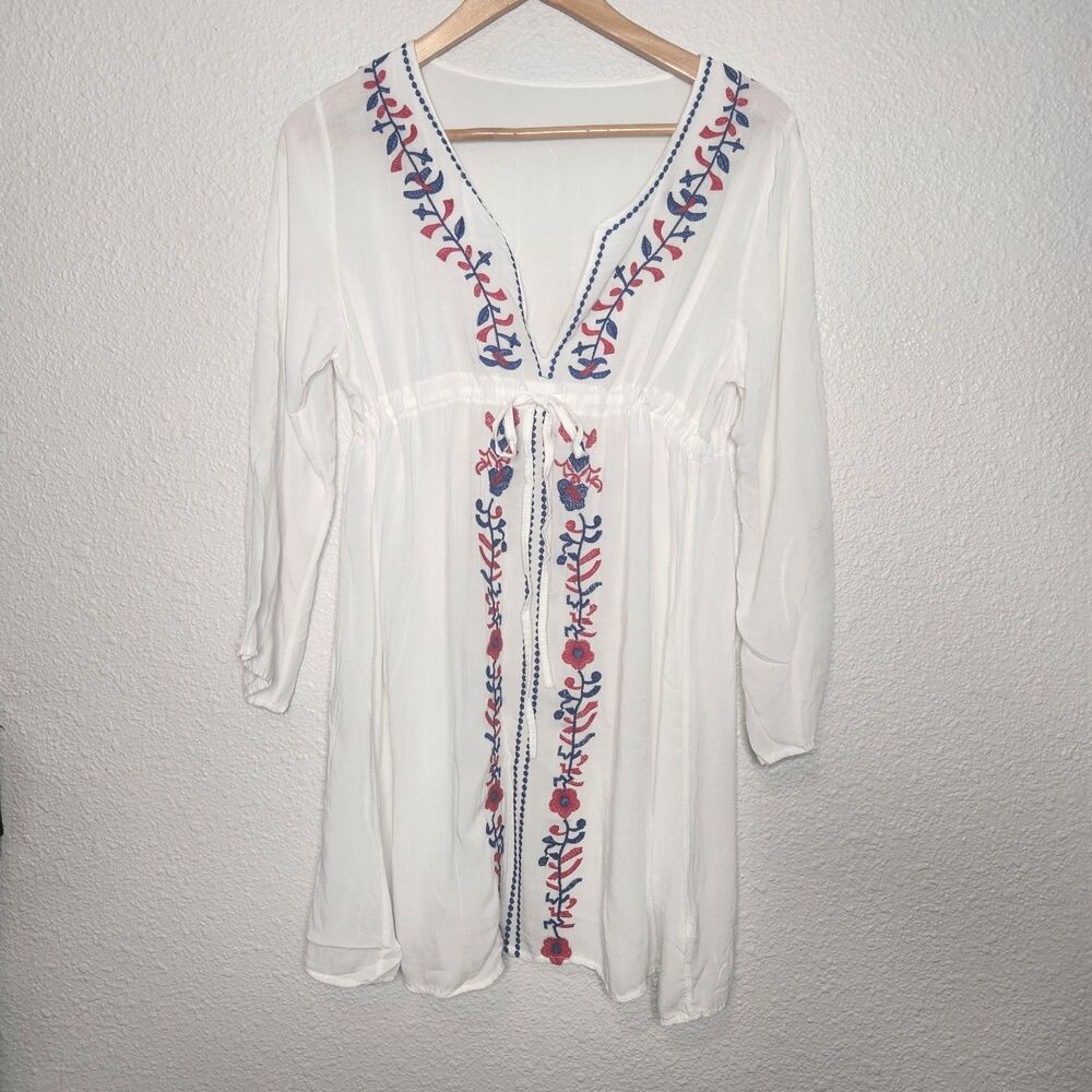 Floral Embroidered White Red Blue Long Sleeve Tunic Top Bathing Suit Cover-up